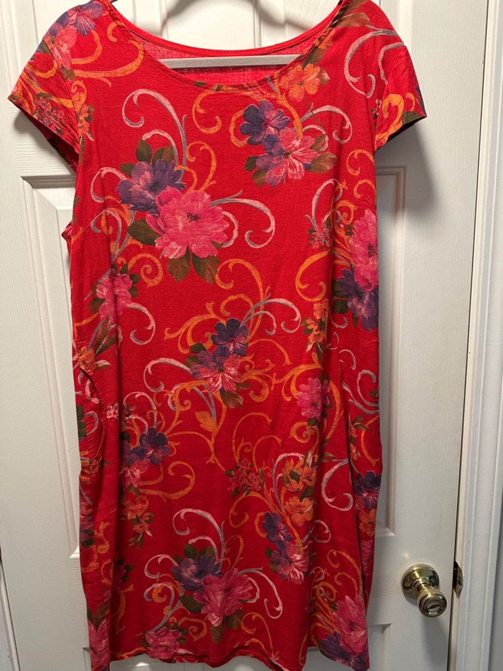 Bright Red Floral Shift Dress with pockets and matching back panel knit insets